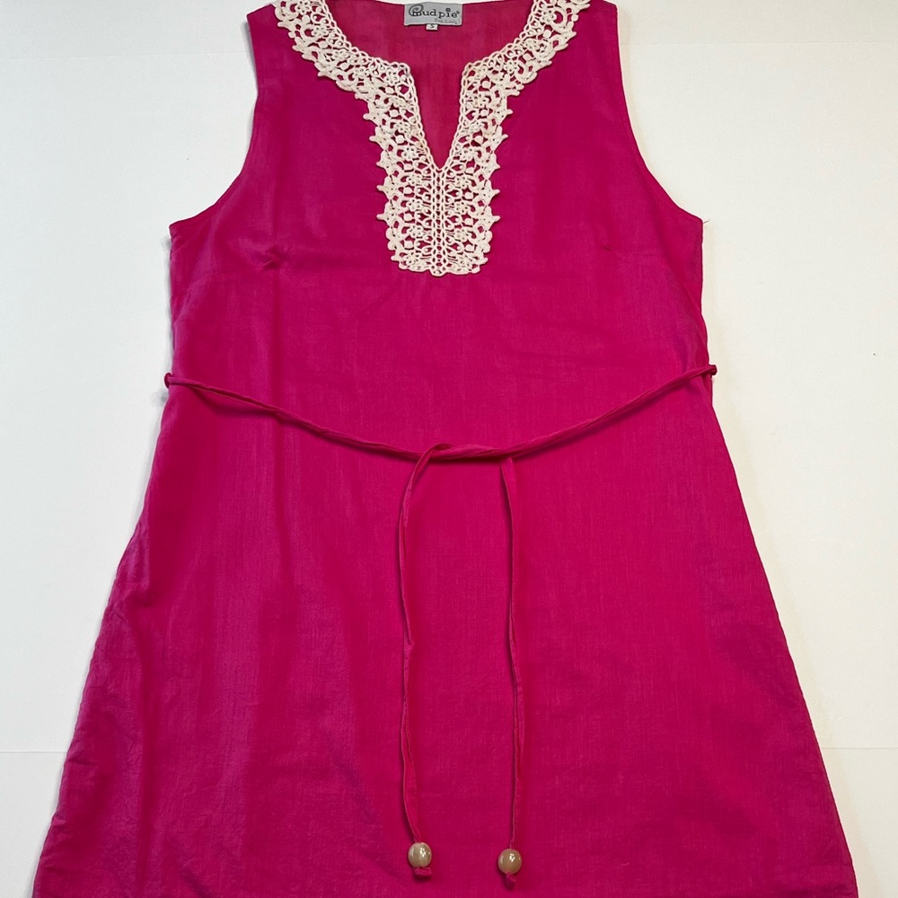 Mud Pie Women’s Hot Pink Sleeveless Lace Crochet Collar Split Neck Shift Dress S